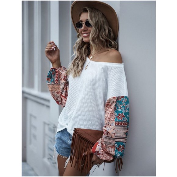 Tops - Boho chic gypsy patchwork print sleeve top
